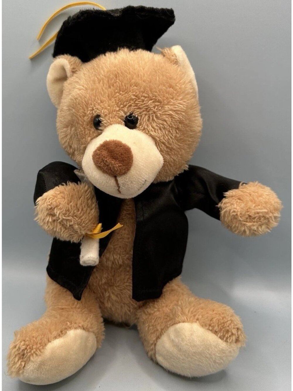 Graduation Bear With Cap And Gown Diploma 9” Black Gown and Cap Gold Ribbons Pl